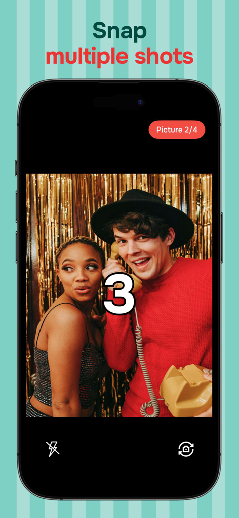 Pocketbooth Photo Booth - Una pantalla de smartphone que muestra la cuenta atrás de la aplicación Pocketbooth mientras una pareja posa para una tira de fotos