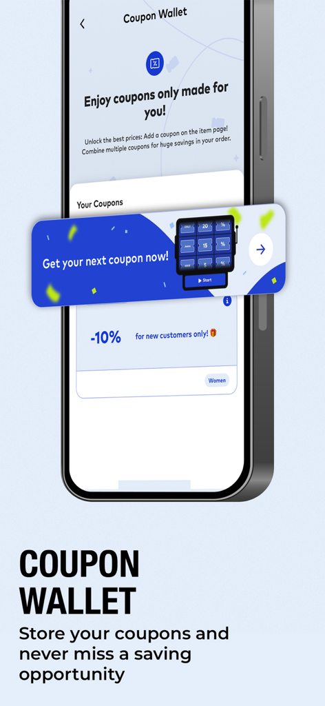 ABOUT YOU Online Fashion Shop - Interface de l'application À PROPOS DE VOUS présentant la fonctionnalité Portefeuille de coupons avec des réductions personnalisées et une offre de 10 % de réduction pour les nouveaux clients