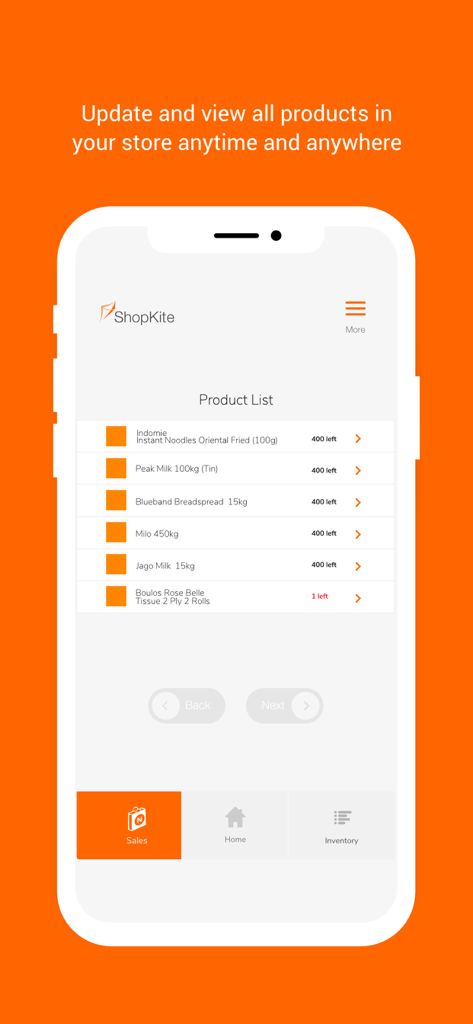 App mobile Shopkite Merchant che mostra un elenco di prodotti del negozio con conteggi di inventario