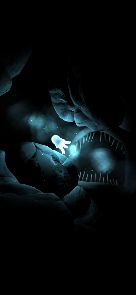 Seashine - Una pequeña medusa brillante se enfrenta a una criatura grande con colmillos en el abismo de las profundidades marinas.