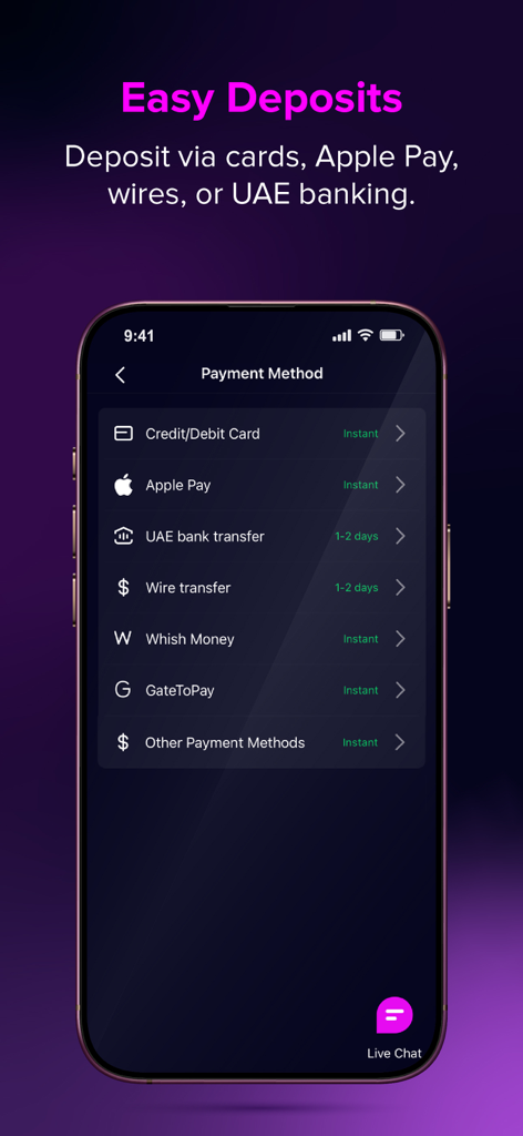 Interface de l'application amana montrant les méthodes de paiement, y compris Apple Pay et le virement bancaire des Émirats Arabes Unis pour des dépôts faciles