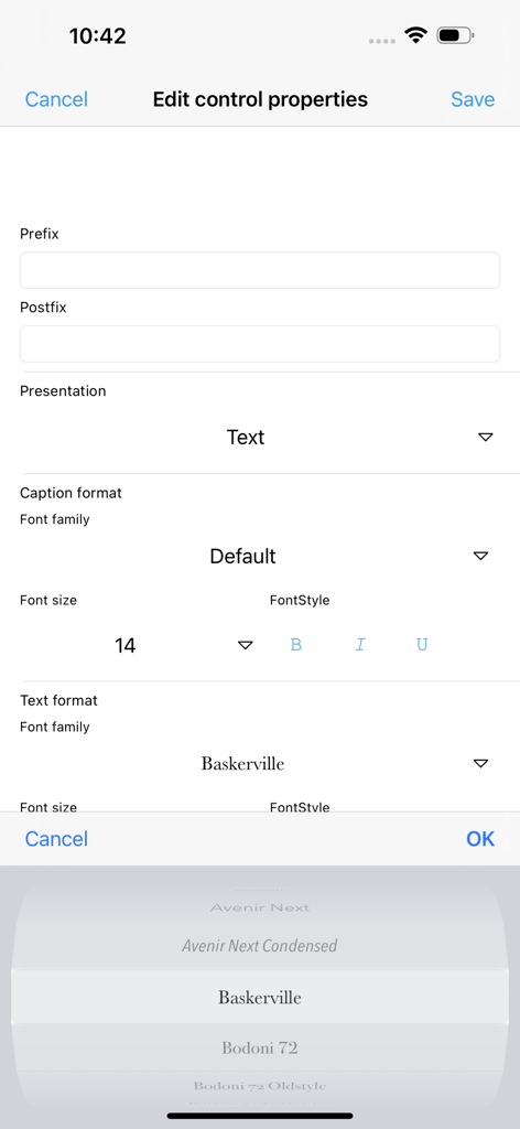 MobiDB Database - Écran de MobiDB Database pour modifier les propriétés des contrôles et personnaliser les styles de police dans le concepteur de formulaires visuel