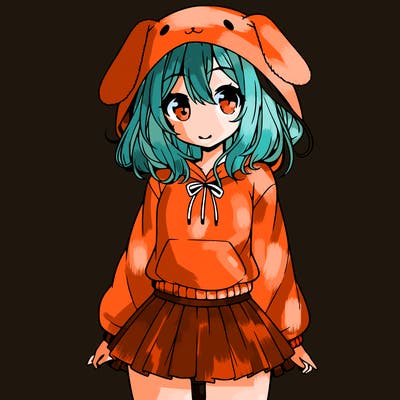 pretty anime girl wearing a fluffy hoodie with bunny ears on the hood and a skirt