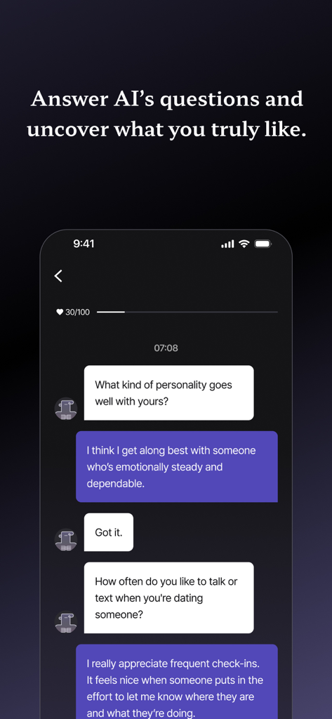 sweet loom: AI matched dating - Una interfaz de chat donde la IA de Sweet Loom hace preguntas sobre la personalidad y las preferencias de citas.