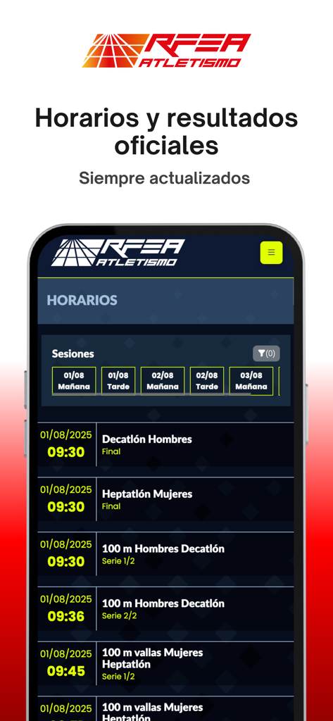 Pantalla oficial de la aplicación RFEA que muestra los horarios de los eventos de atletismo y los resultados en vivo.
