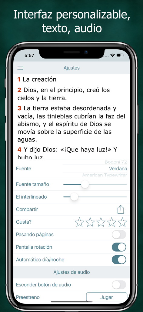 스페인어 기독교 성경 앱의 텍스트 및 오디오 사용자 지정 설정