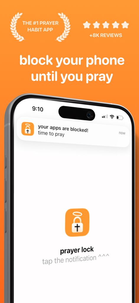 iPhone showing a notification from the Prayer Lock app stating that apps are blocked until the user prays.