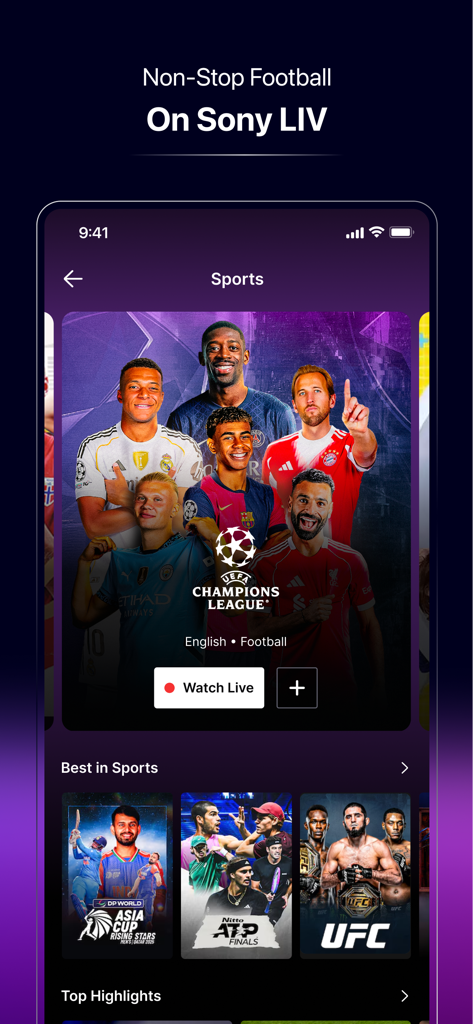 Sony LIV - Interfaccia dell'app Sony LIV che mostra categorie di sport live tra cui calcio UEFA Champions League, Cricket Asia Cup e incontri UFC.