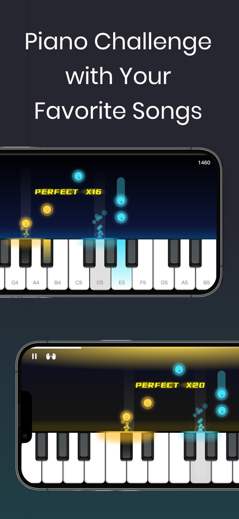 EZ Piano app displaying the interactive piano challenge with falling notes on a virtual keyboard