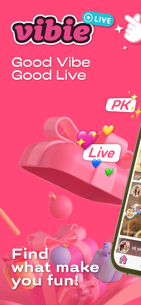 Vibie - Good Vibe Good Live - Vibie social live streaming app promotional screen showing live feed and 3D gift icons