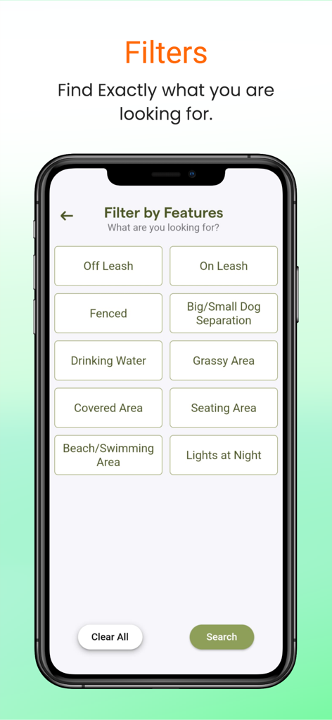 Wag Buddy - Bring Fido Along! - Smartphone showing the Wag Buddy app filter screen with options like off leash fenced and drinking water for dog parks