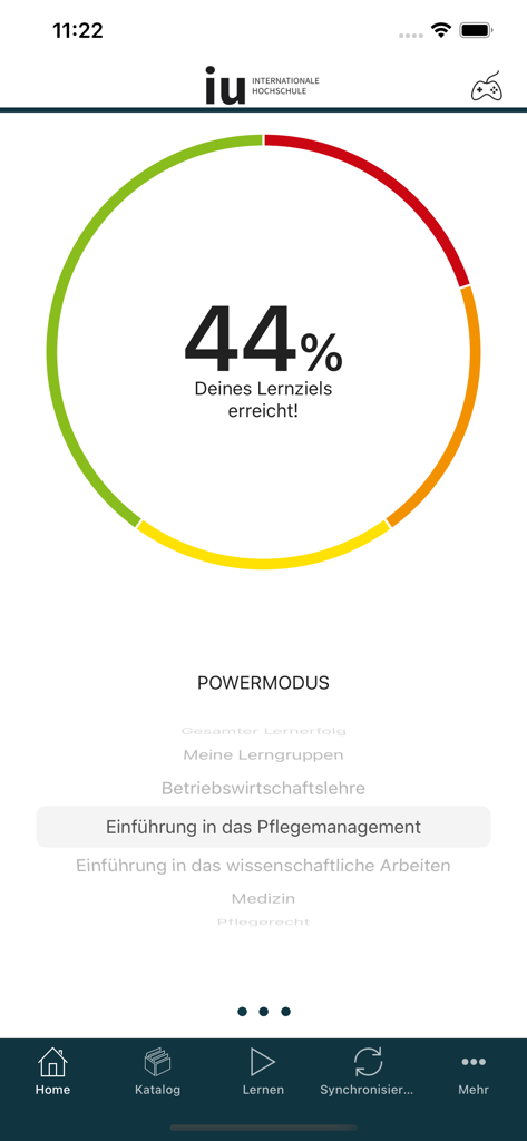 IU-BrainYoo - IU-BrainYoo dashboard showing a circular progress bar with 44 percent of the learning goal achieved and a list of study courses.