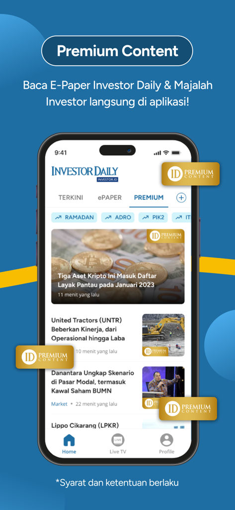 Pantalla de smartphone mostrando artículos de noticias financieras premium en la aplicación Investor Daily.