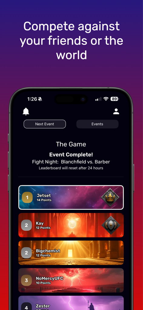 MMA Fantasy - A mobile leaderboard for MMA Fantasy showing player rankings and points after a fight night event