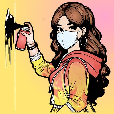 realistic girl with mask spray painting a wall