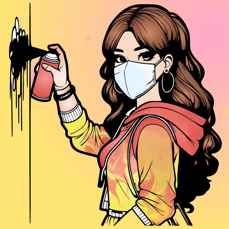 realistic girl with mask spray painting a wall