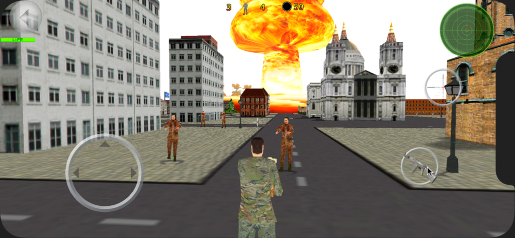 Zombie Battle 3D - A soldier faces zombies in a city while an atomic bomb explodes in the background