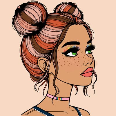 realistic girl with buns on the top of her head