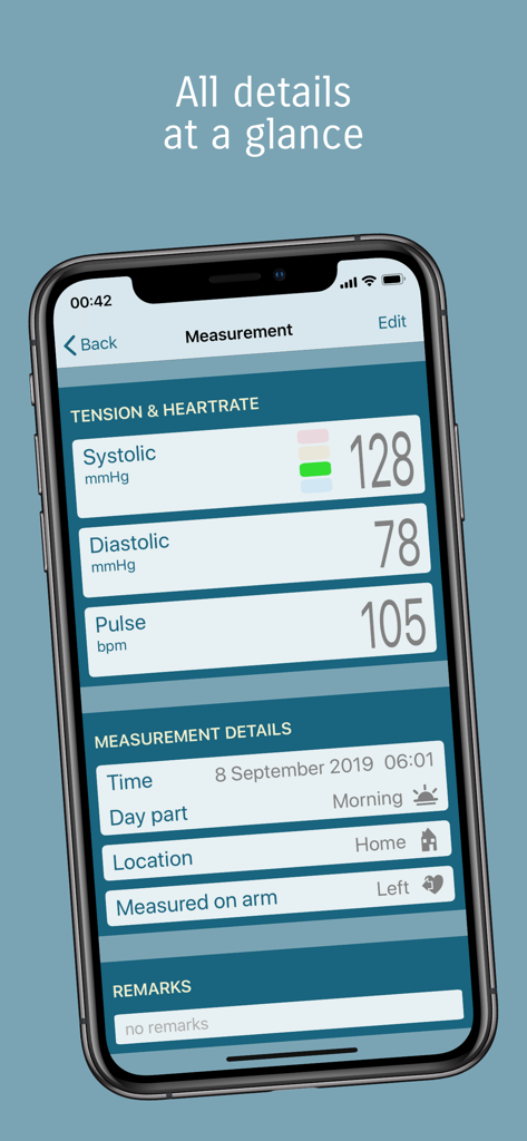 Tension Diary - Una entrada detallada de medición de presión arterial en la aplicación Diario de Tensión que muestra las lecturas de sístole, diástole y pulso