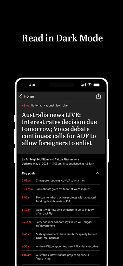 The Sydney Morning Herald - L'app mobile Sydney Morning Herald in modalità oscura che mostra aggiornamenti di notizie in tempo reale.