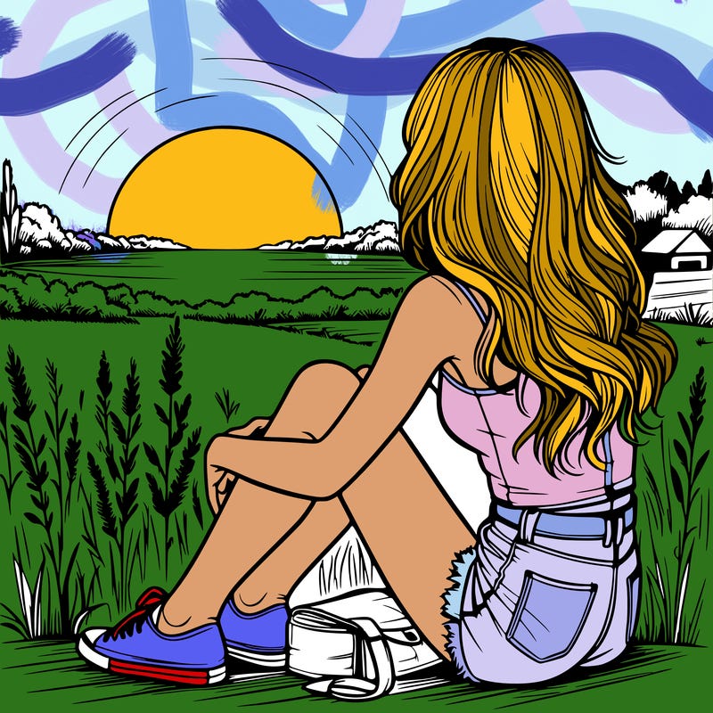 realistic girl sitting and watching the sunset