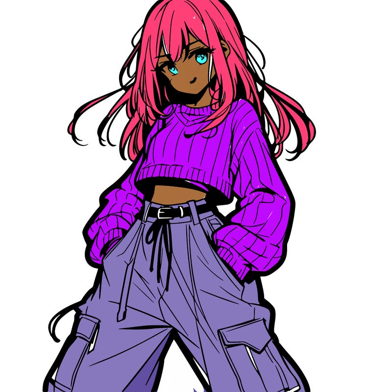 anime teen girl with baggy pants and crop top with sweater