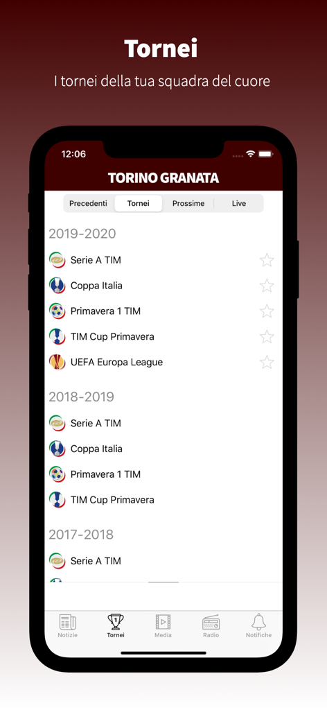 TorinoGranata.it - Interfaccia dell'app TorinoGranata che mostra elenchi di campionati e coppe di calcio