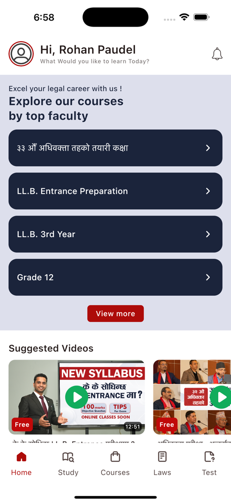 Lex Nepal - Institute of Law - Lex Nepal app home screen displaying law entrance preparation and professional legal courses with suggested study videos