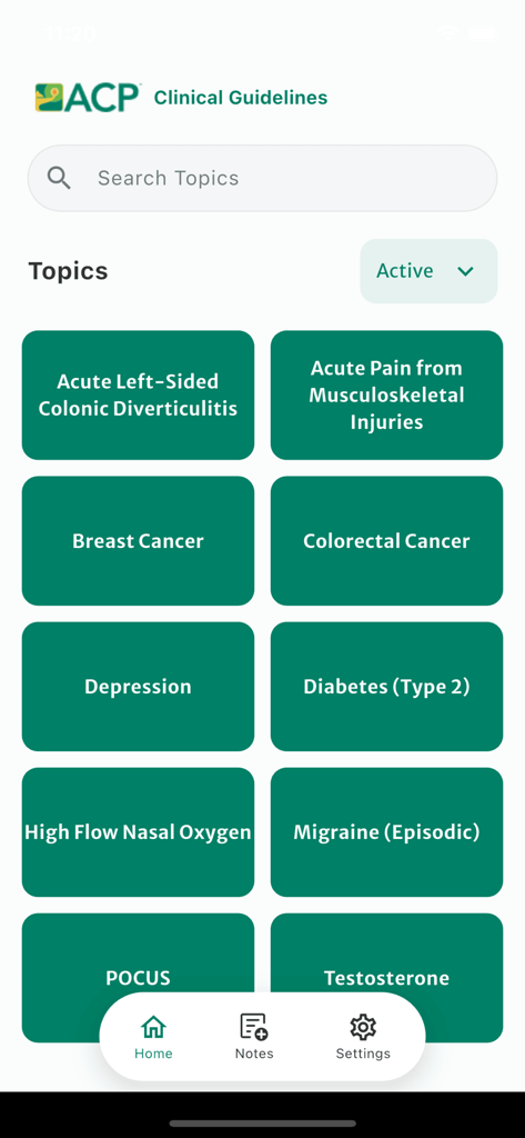 ACP Clinical Guidelines - Home screen of the ACP Clinical Guidelines app displaying a searchable grid of active medical topics.