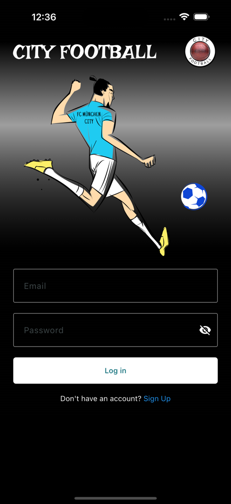 Anmeldebildschirm der City Football App mit einer Illustration eines Fußballspielers und E-Mail-Anmeldungsfeldern.