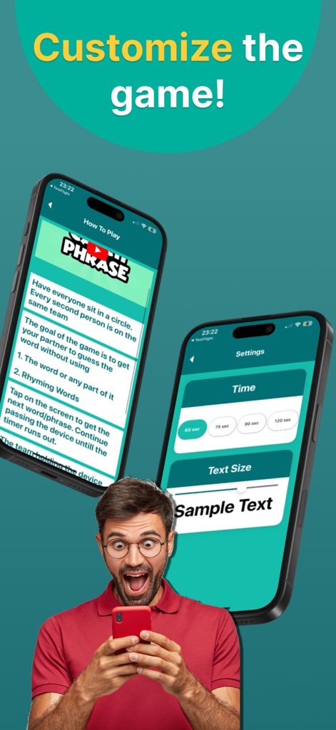 An excited man holding a phone next to screens showing customization settings and game instructions for Hot Phrase