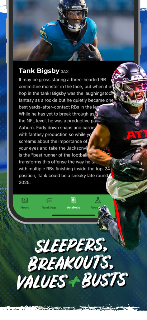 Fantasy Football Draft Kit UDK app screen showing player analysis for sleepers and breakouts.