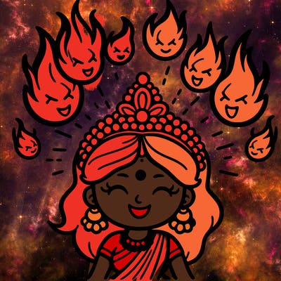 fire balls getting shooting out of  goddess