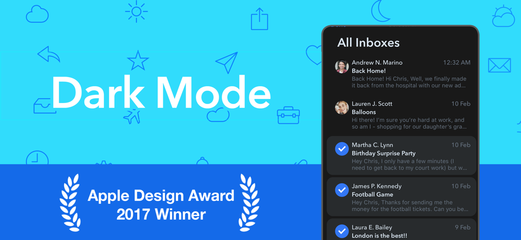 Airmail for Gmail Outlook IMAP - Airmail E-Mail-App mit dunklem Modus und Auszeichnung als Gewinner des Apple Design Award