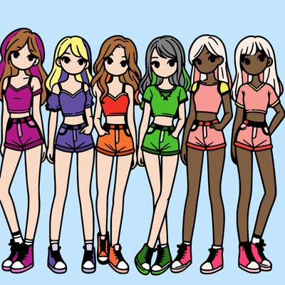 a group of girls wearing crop tops and shorts