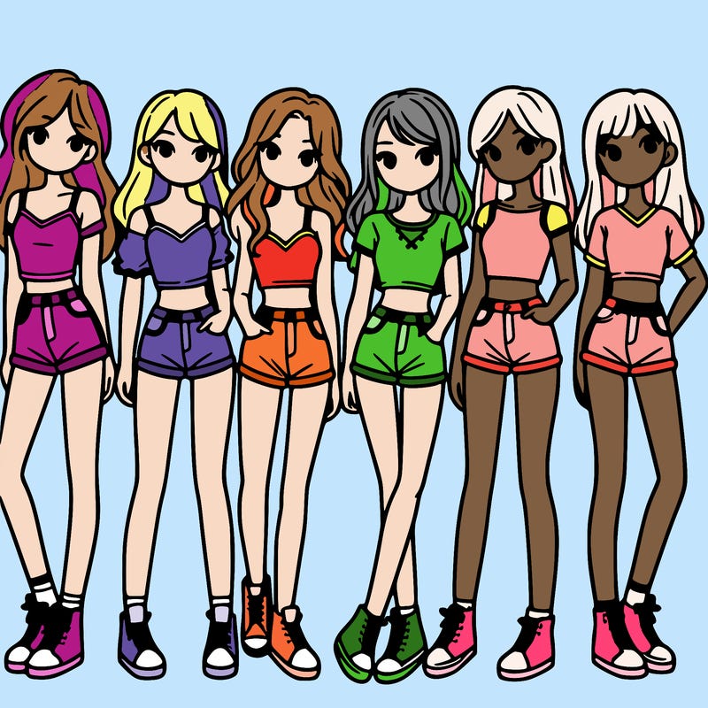 a group of girls wearing crop tops and shorts