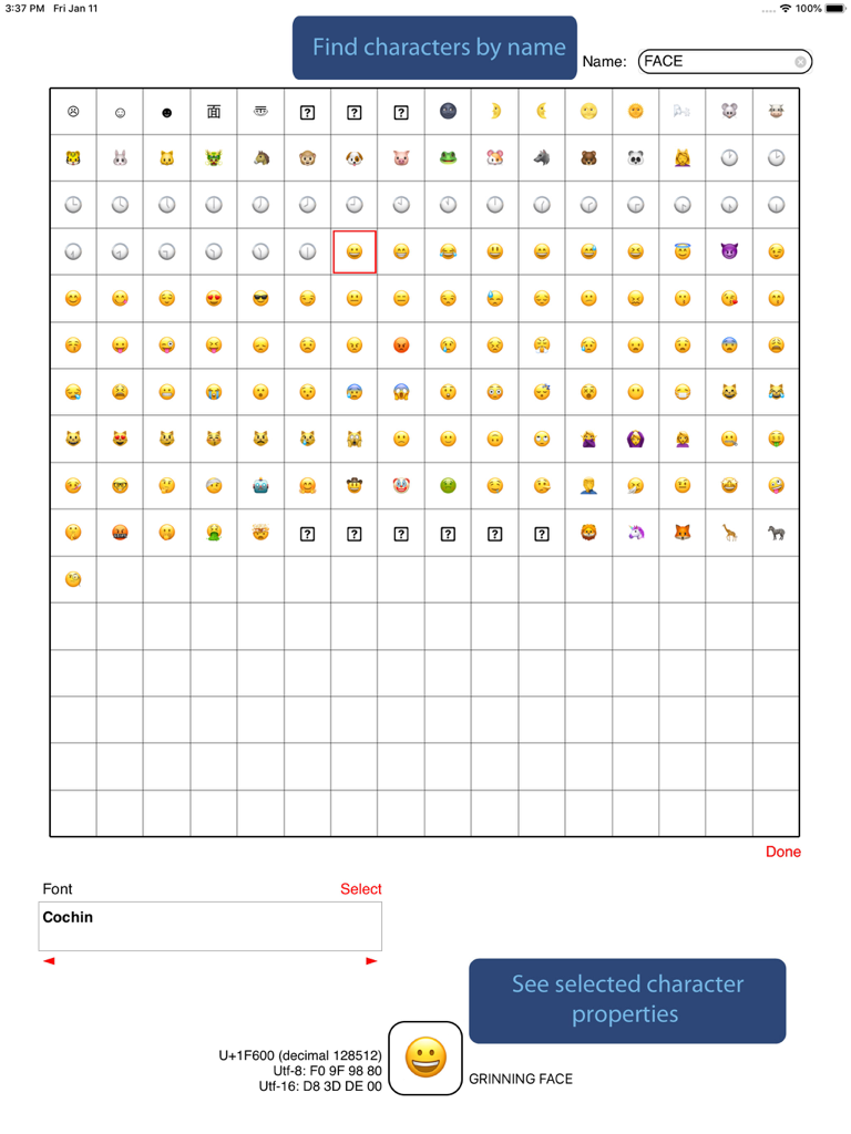 iPad app interface showing Unicode character search by name and detailed UTF properties for a selected emoji.