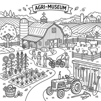 Journey to the farm with this engaging Agricultural Museum coloring page designed especially for kids. It's packed with barns, animals, and crops for hours of educational coloring fun.