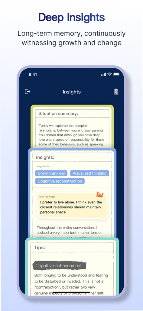 轻舟 Moor - AI Emotional support - 무어 AI 감정 지원 앱 인터페이스로, 심층 심리 통찰, 세션 요약, 인지 재구성 태그를 보여줍니다.