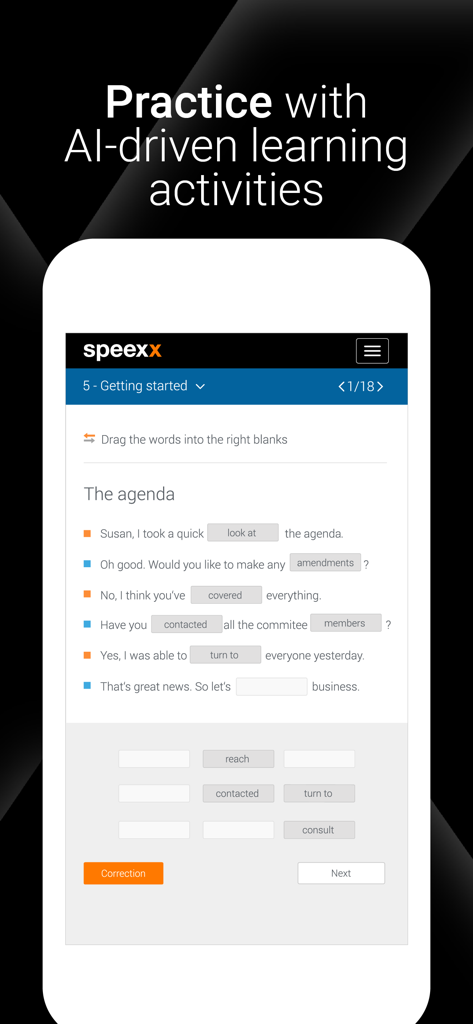 Interfaz de la app Speexx con un ejercicio de vocabulario de inglés de negocios sobre la agenda de una reunión.