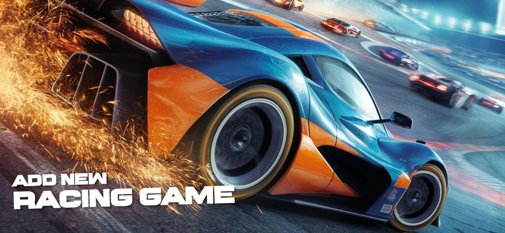 Race X Drift - Close-up de um supercarro azul e laranja fazendo drift em uma pista com faíscas e borrão de movimento