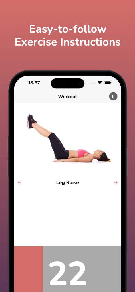 Flat Belly Workout Plan - A woman performing a leg raise exercise with a timer on the Flat Belly Workout Plan app screen.