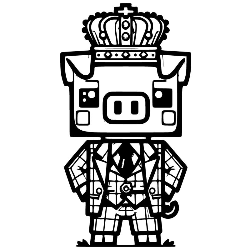 a pig minecraft character with a suit on and a crown and his name is techno blade