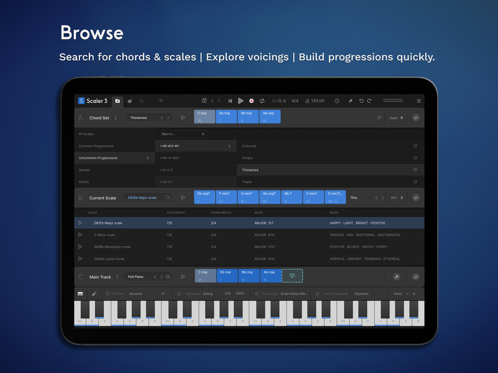 Interfaz de navegación de teoría musical Scaler 3 para iPad que muestra conjuntos de acordes y escalas