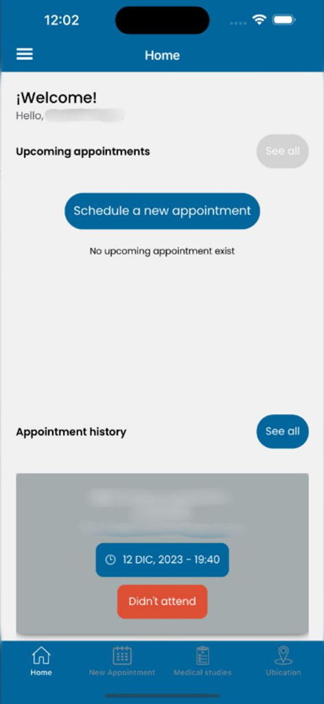 SIMNSA health app home dashboard with appointment management features