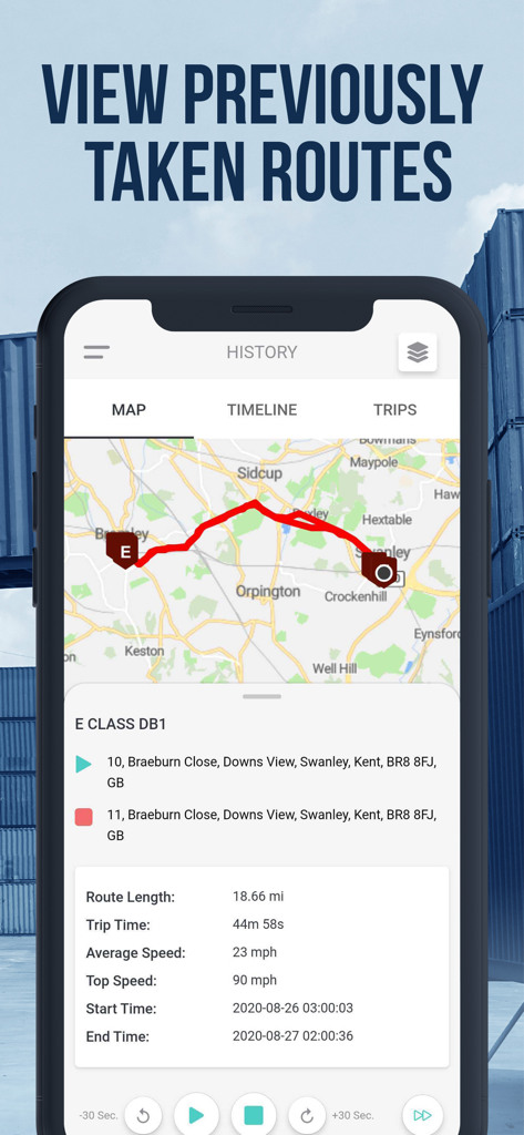 GPSLive app history screen showing a vehicle route on a map and trip statistics like average speed and distance