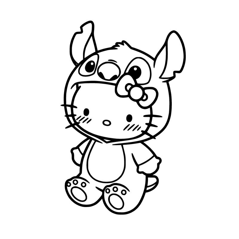 little cute hello kitty, blushing with little stitch costume