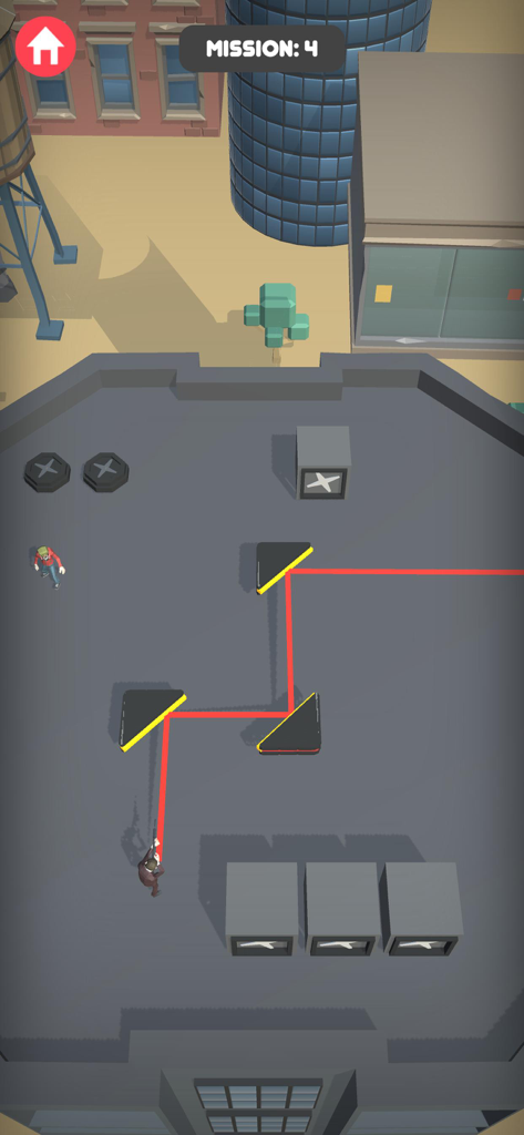 Host Part Hits의 탑다운 게임 플레이 시점, 캐릭터가 옥상에서 삼각형 거울에 빨간색 레이저 빔을 반사합니다.