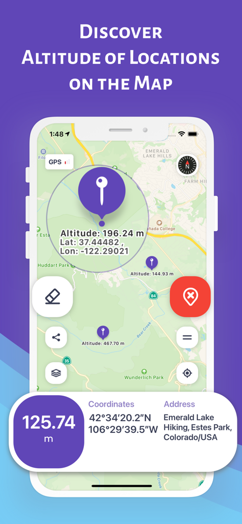 Altimeter Pro: Compass, GPS - Altimeter Pro app interface showing a map with altitude and GPS coordinates for hiking locations in Colorado