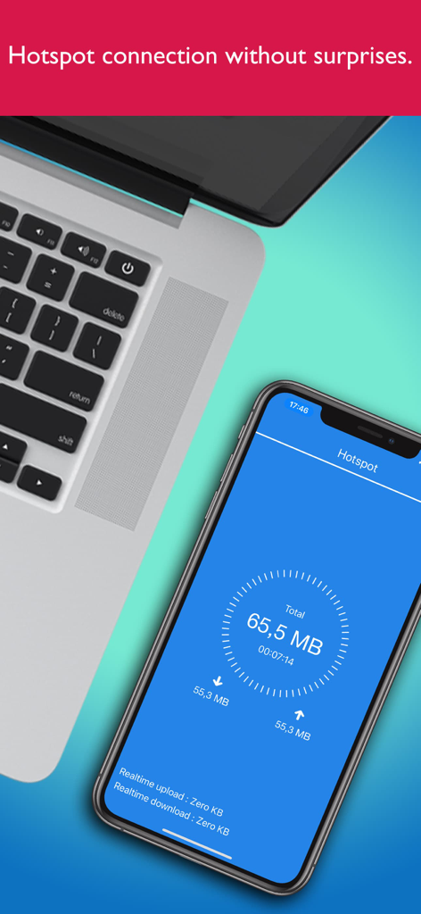 An iPhone displaying the Hotspot Monitor Pro app with real-time data usage stats next to a MacBook